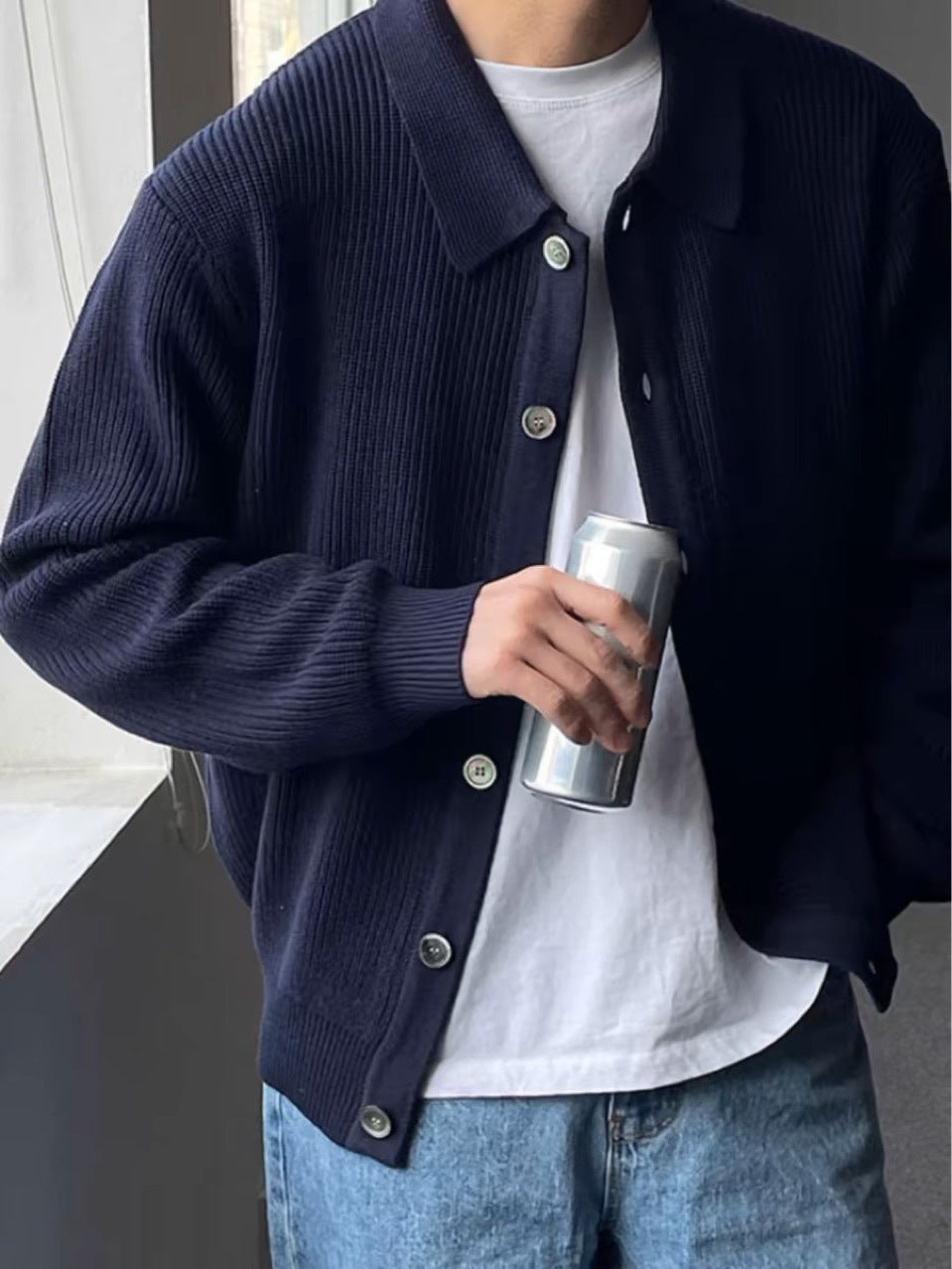 BELNAY Ribbed Collar Cardigan